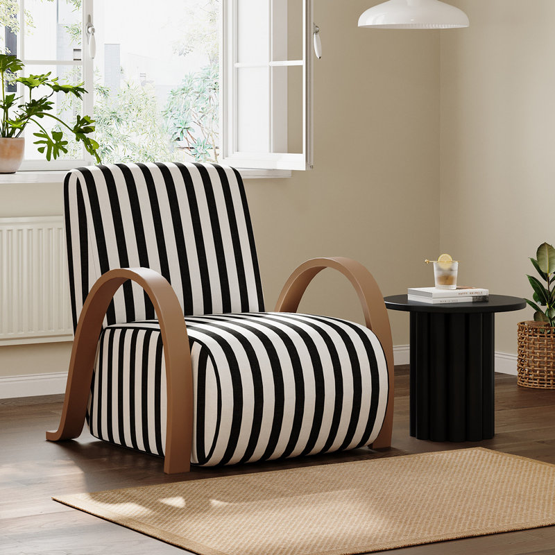 Fauteuil d'appoint moderne à rayures noires et blanches avec accoudoirs courbés pour les salons contemporains et les bureaux élégants