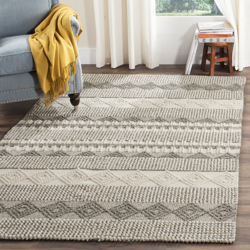 Tapis gris / ivoire en laine / coton tissé à la main à rayures Jacques, Rectangle 5 pi x 8 pi