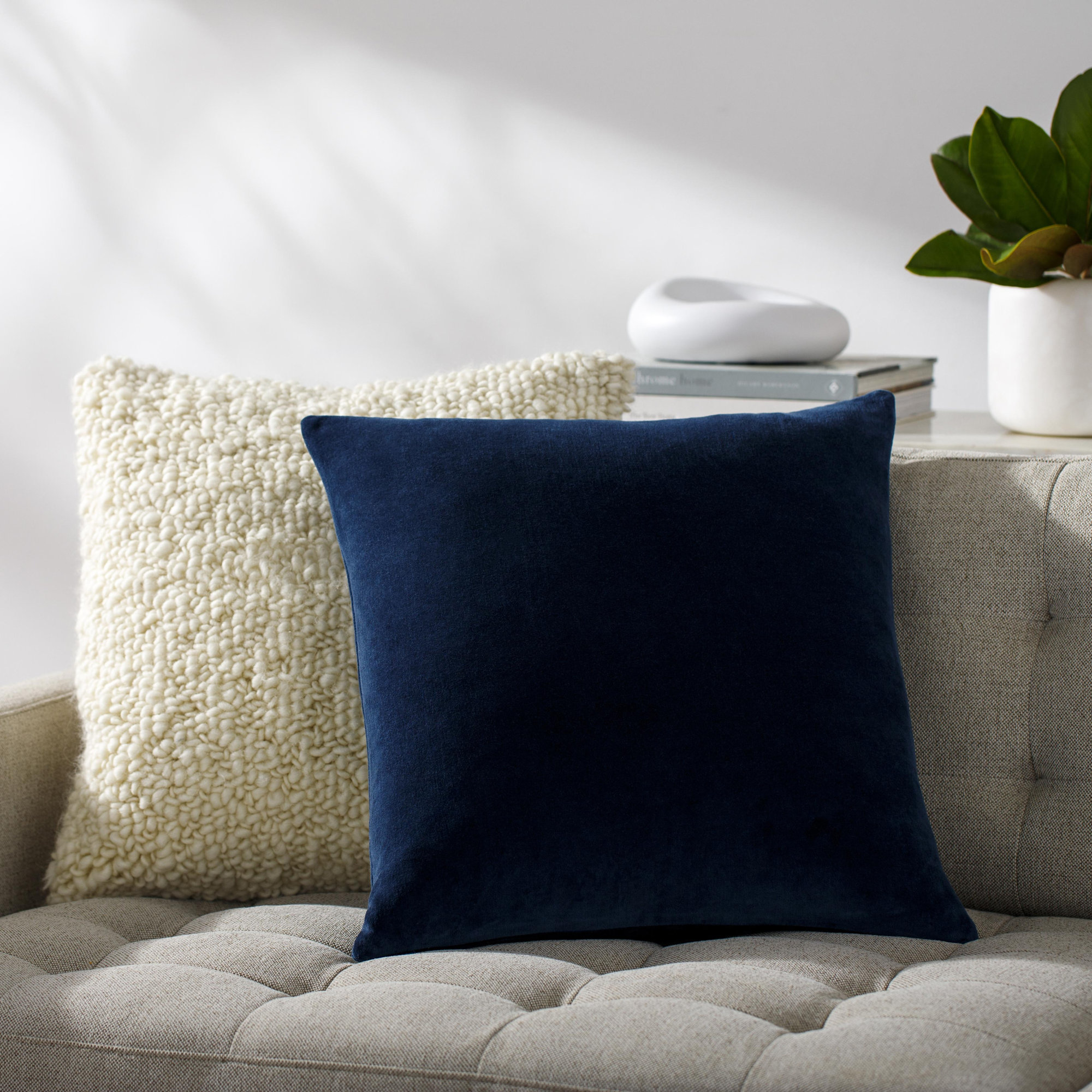 Denny Cotton Throw Square Pillow, 20"H x 20"W, Down, Navy Blue