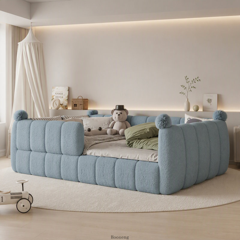 Lit de sol Montessori rembourré et moelleux avec barrières de sécurité intégrales, bas, bleu, pour tout-petits, Double, Bleu
