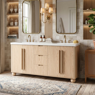 59" Modern Double Vanity With Integrated Resin Sink, Natural Wood Grain Floating Cabinet With Rounded Edges & Solid Wood Hardware (Wood Colour)