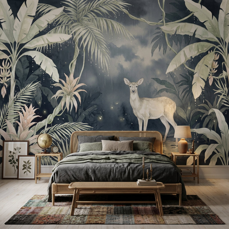 Décoration murale amovible de faon tropicale aquarelle, 120 po x 96 po, Non tissé