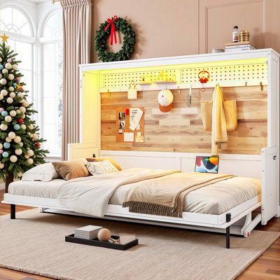Queen Murphy Bed with Built-in Desk & Storage | Space-Saving Foldable Wall Bed with USB Charging & LED Lighting
