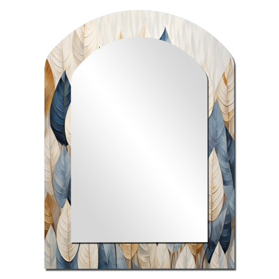Beige And Blue Minimalism Leaves Collage I - Leaves Asymmetrical Decorative Wall Mirror, Traditional Arch Mirror, Printed Metal Art