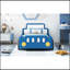 Lit plateforme simple en forme de voiture de course avec roues, bleu