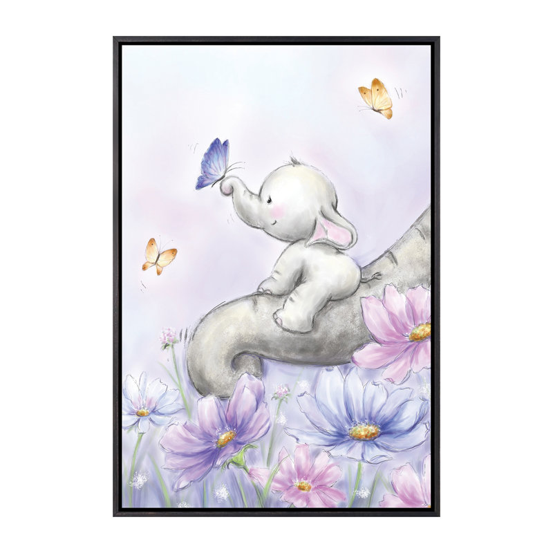 Éléphant avec papillon par Makiko - reproduction d'art, H 26 po x l 18 po x 1,5 po, Toile avec cadre noir patiné