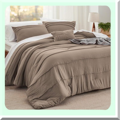 Luxury Brown Pinch Pleat Comforter Set - 4 Piece Down Alternative Bedding Bundle for All Seasons - Includes Comforter, Pillowcases, Decorative Pillow