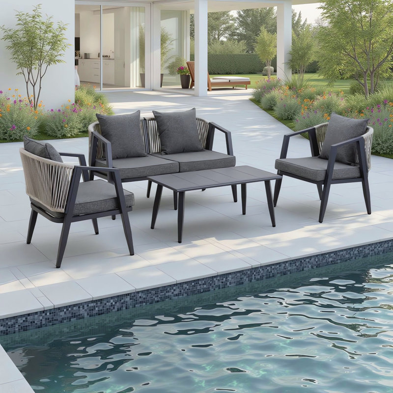 Modern 4-Piece Outdoor Patio Conversation Set With 2 Cushioned Chairs, 1 Loveseat & 1 Coffee Table, Gray