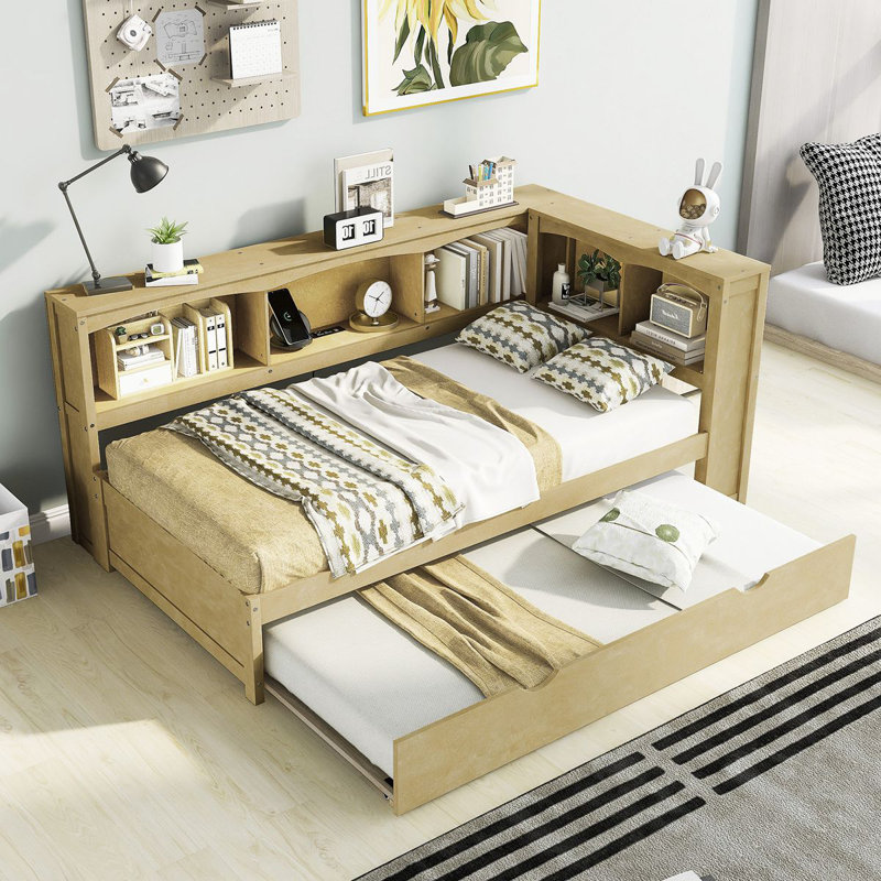 Lit de jour avec couchette, armoires de rangement et ports USB, Naturel