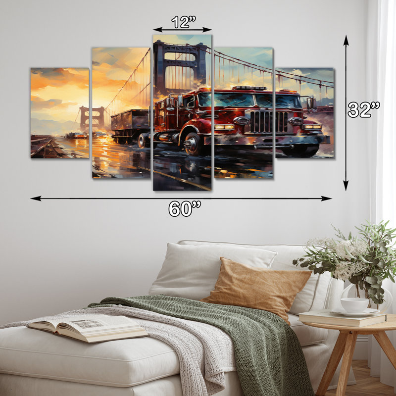 Fire Truck In Action - Fireman Wall Decor - 5 Panels