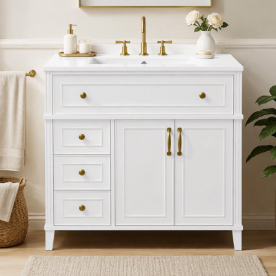 Meuble-lavabo moderne 36 po avec lavabo, meuble-lavabo autoportant blanc avec rangement inclinable, 3 tiroirs latéraux, tablette réglable, barre à serviettes réversible et quincaillerie or mat