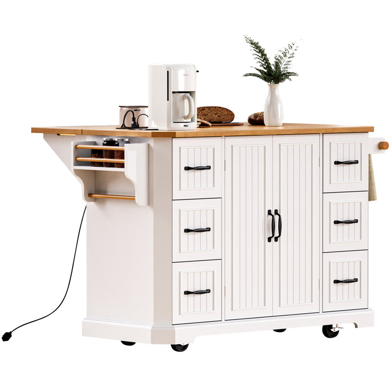 Kitchen Island with Rubber Wood Veneer Drop Leaf, Power Outlet, 4 Door Shelves, Embossed Vertical Stripe Rolling Kitchen Cart on 4 Wheels with 6 Deep Drawers for Kitchen, Dining Room