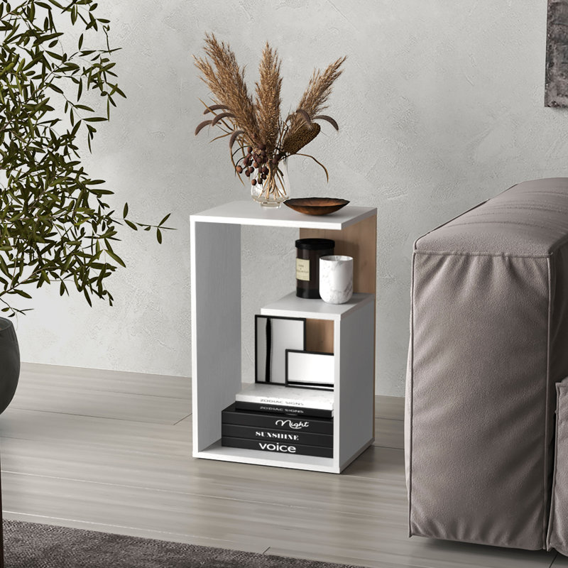 Table d'appoint de 25 po de hauteur, pour salon, à trois niveaux, blanc, chêne naturel, Noir / blanc / naturel