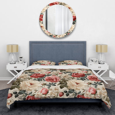 Ensemble de housse de couette rose et beige à motif de treillis antique III