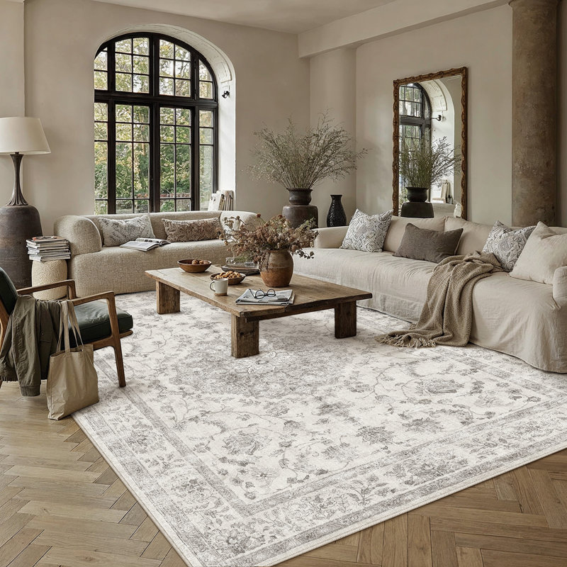 Tapis lavable floral Hayes, Gris, Rectangulaire 8 pi x 10 pi