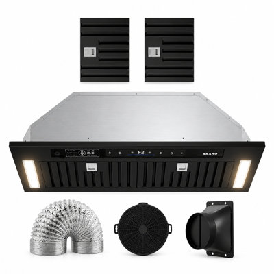 Hotte de cuisine encastrée de 76 cm (30 po) et 900 pi³/min (25,4 m³/min) avec commandes vocales et tactiles, ultramince et convertible (28 cm [11 po] de hauteur), filtre à charbon inclus et éclairage DEL à intensité variable.