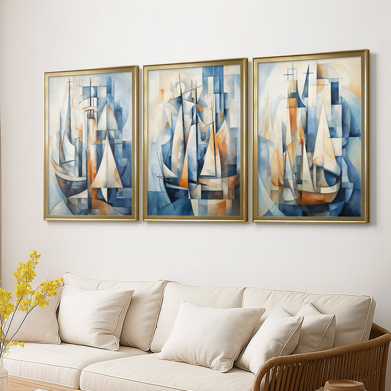 NAUTICAL Series CCCCLXXII - Toile tendue avec châssis sur mesure - 3 pièces, H 21 po x l 30 po, Doré
