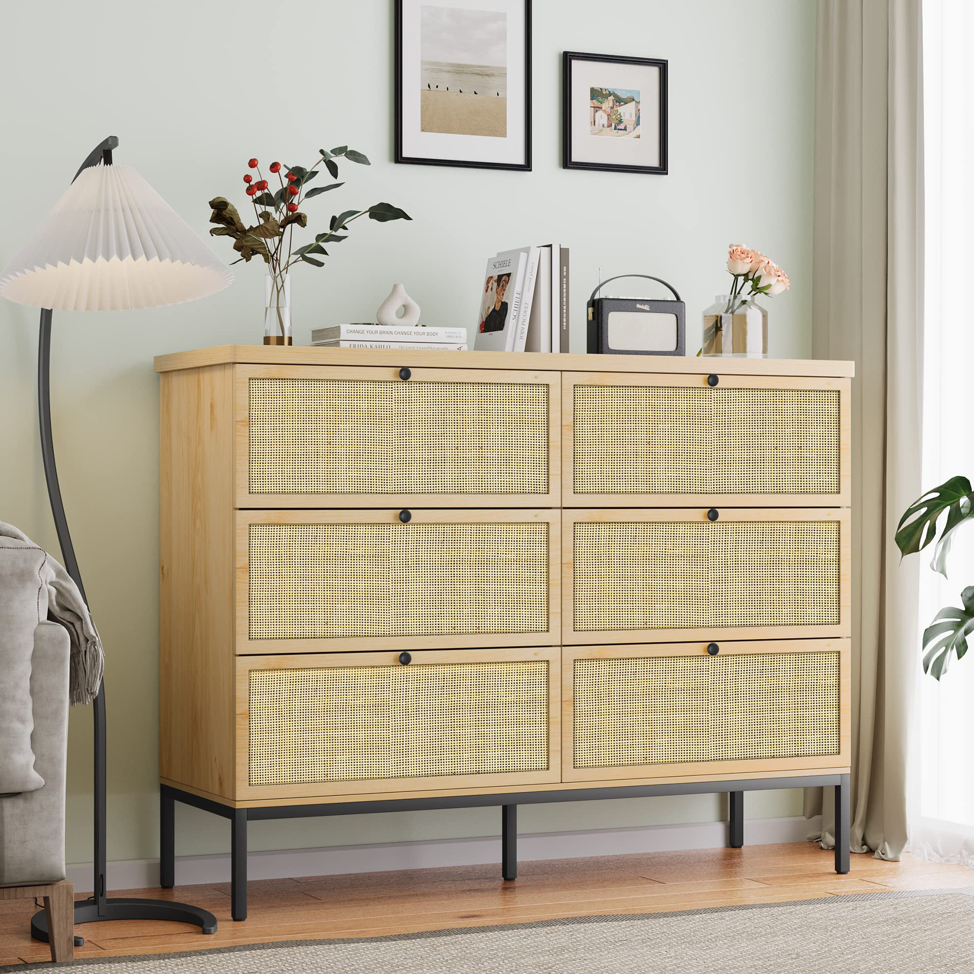 Dresser Quick Install, 6 Wooden Drawers Storage Dresser with Set