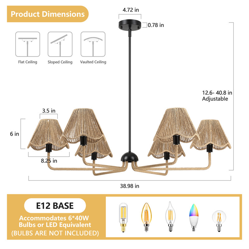 38.98"  6-Light  Boho Style Black Chandelier With Hand-Woven Rattan Shade For Kitchen Island, Dining Room, Entryway, Suitable For Sloped Roof Mounting