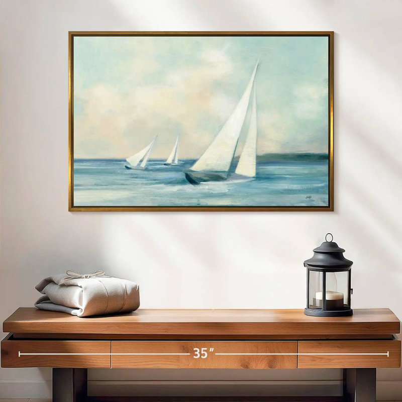 Voiliers au lever du soleil, Cadre flottant doré, 25 po x 17 po
