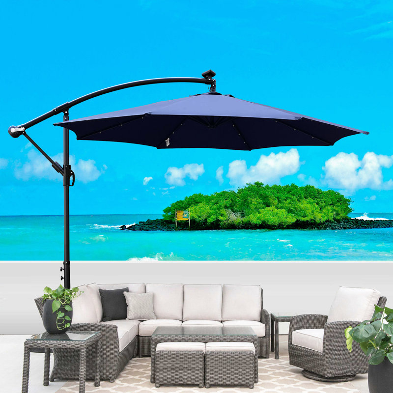 Parasol de terrasse 10 pi avec parasol solaire à DEL 8 lumières avec manivelle et base transversale, Marine