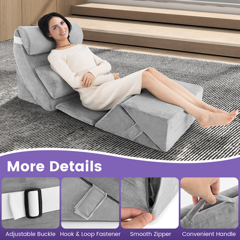 Alwyn Home 7pcs Bed Wedge Pillow Set Adjustable Back Neck Leg Support Memory Foam Grey