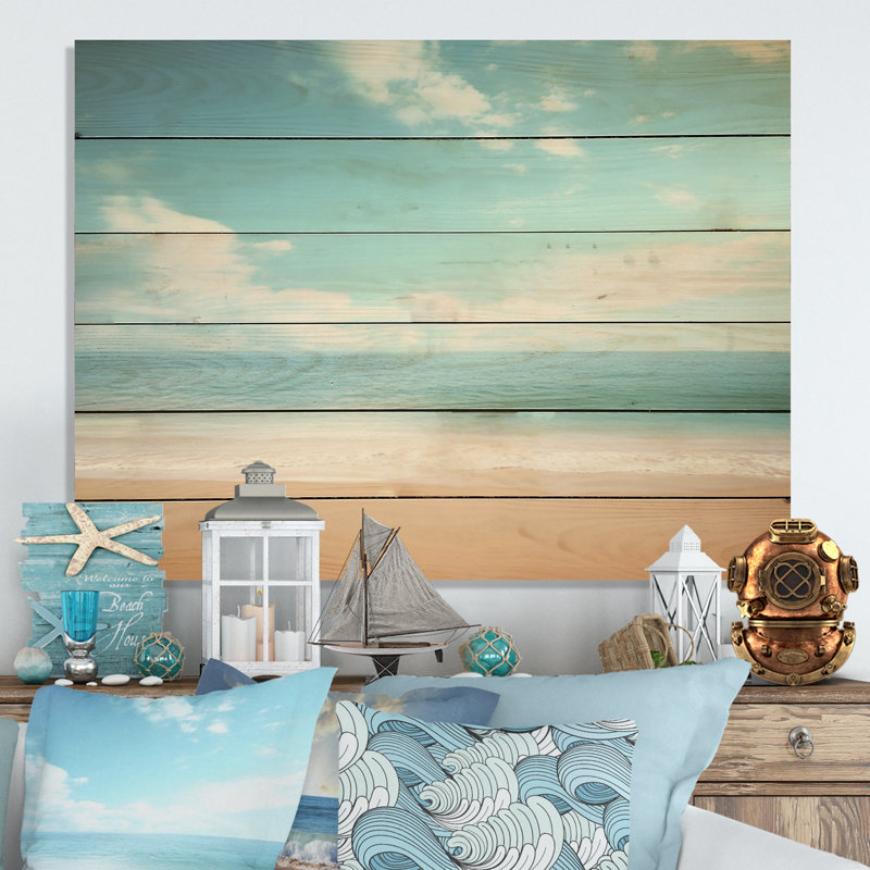 «Coastal Hush Dreaming Beach Sand I» - art mural en bois côtier sur bois de pin naturel, H 10 po x l 20 po