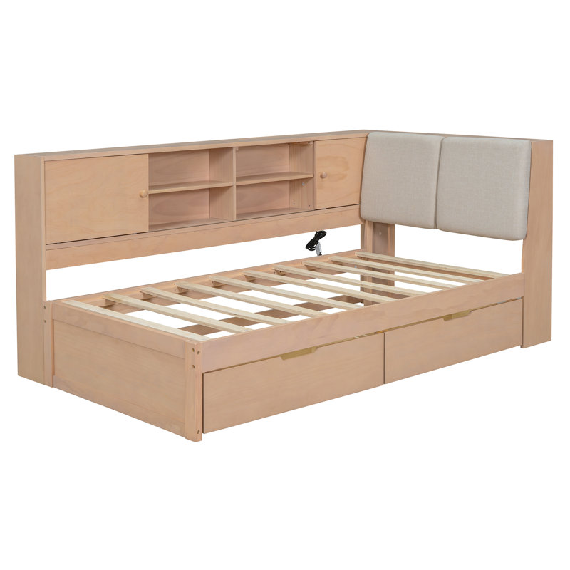 Storage Corner Daybed With Outlets And Upholstered Headboard, Full/Double, White