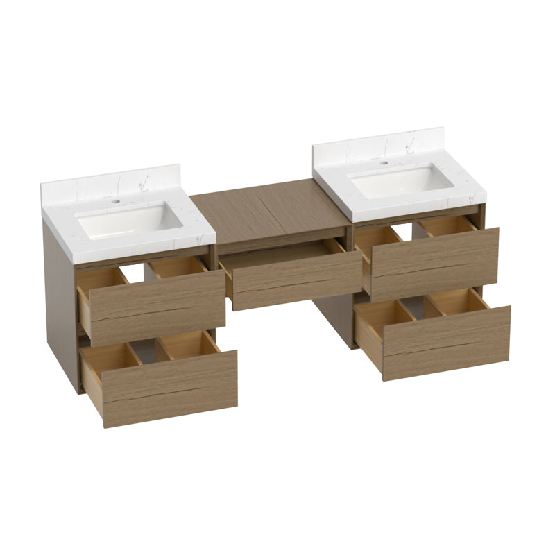 Ensemble de meuble-lavabo double mural 72 po avec plateau en pierre reconstituée et armoire de rangement modulaire, 72" W