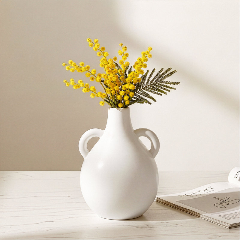 Soma 7" Matte White Ceramic Vase With Handles, 7 inch, White