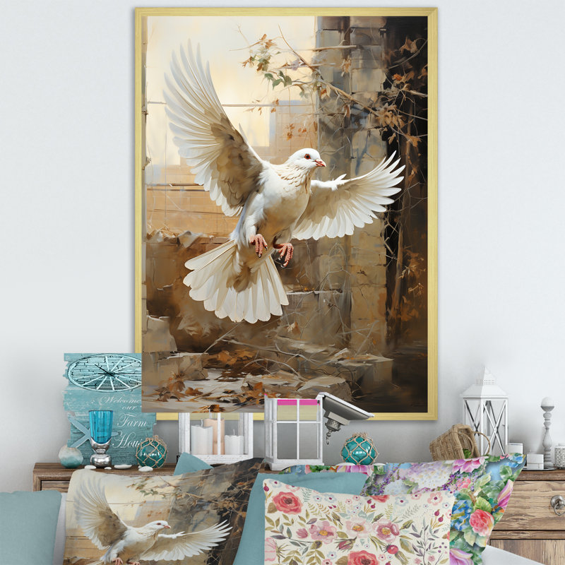 Colombe de sérénité I sur toile, Cadre doré simple, H 32 po x l 16 po x P 1 po