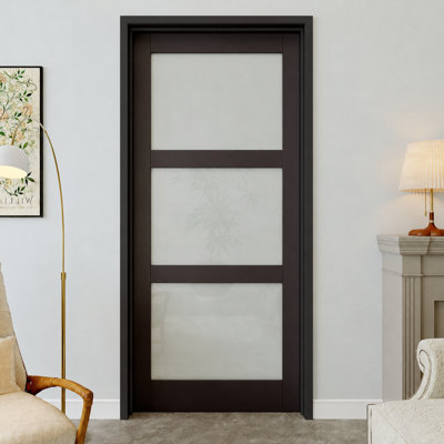 Porte prémontée noire à 3 vantaux (91,4 cm x 203,2 cm) avec chambranle noir, vitrage intérieur dépoli, charnières noires, vitrage opaque, âme pleine insonorisée et étanche, idéale pour buanderie, placard, chambre, ouverture à gauche.