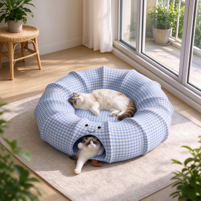 Lit lavable pour chat avec tunnel, Peekaboo Cat Cave, 3 formes assemblées