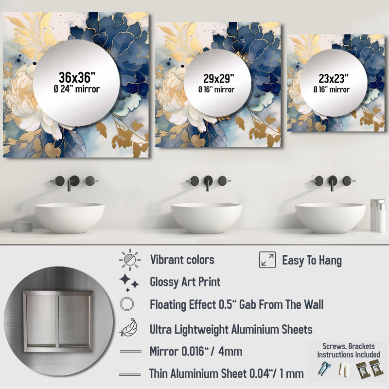 Décoration murale florale grand miroir en miroir, 23 po x 23 po