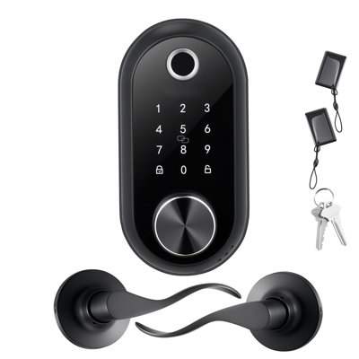 Fingerprint Door Lock Set, Electronic Biometric Deadbolt Keyless Entry Door Lock with Handle, Touchscreen, Auto Locking, One-Time Code, Anti-Peeking Password, IC Cards, Matte Black, Designed for Home
