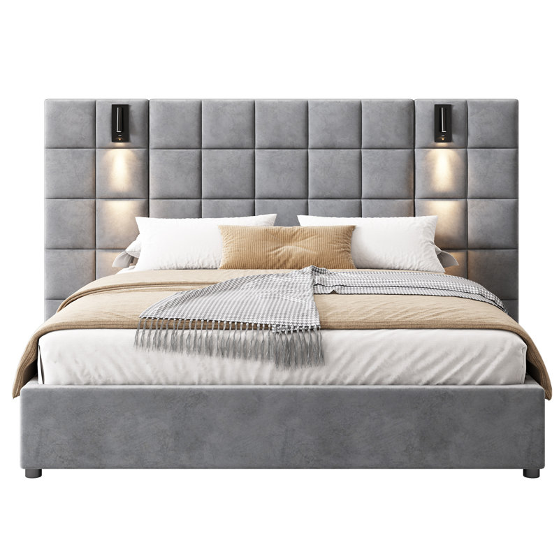 Velvet Queen Upholstered Bed with Built-in Reading Lamp & USB Port, Wide Headboard, Grey