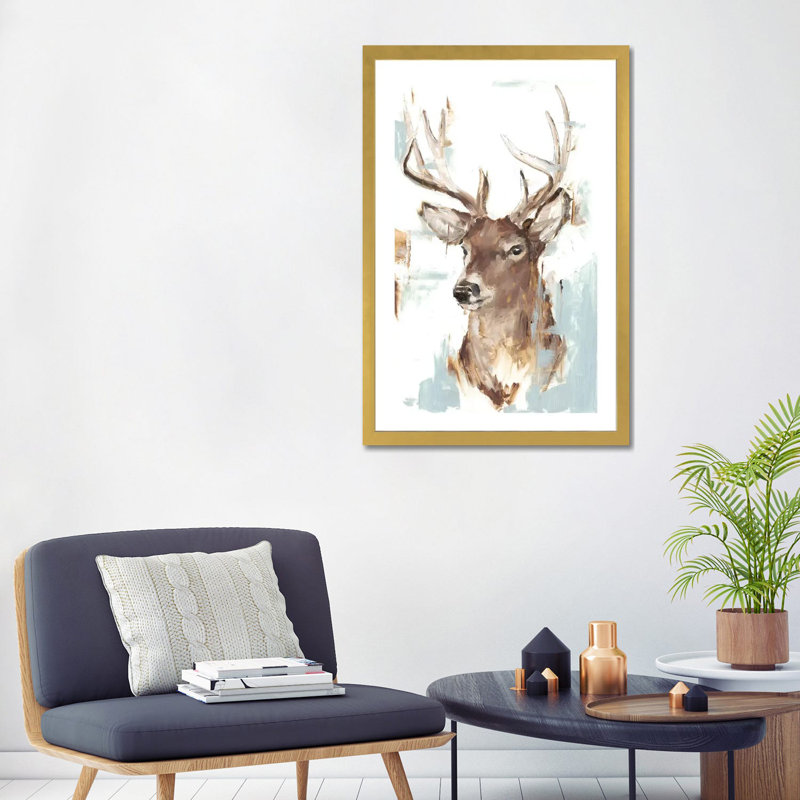 Reproduction d’art « modern Deer Mount II » par Ethan Harper, H 32 po x l 24 po x P 1 po, Papier encadré doré, Blanc