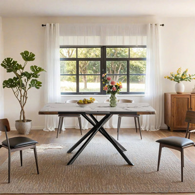 47.2" To 59" Extendable Rectangular Sintered Stone Top & Black Carbon Steel X-Base Dining Table For 4-6 by Mercer41