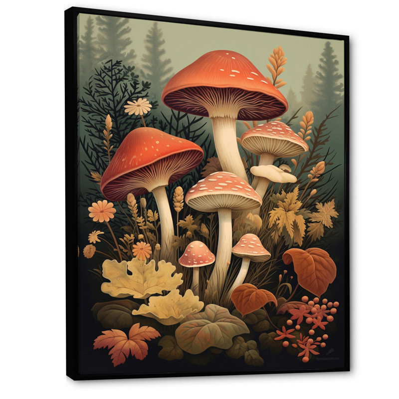 " Autumn Mushrooms In Forest Vintage Illustration I ", 32" H x 16" W x 1" D, Black Floater Framed
