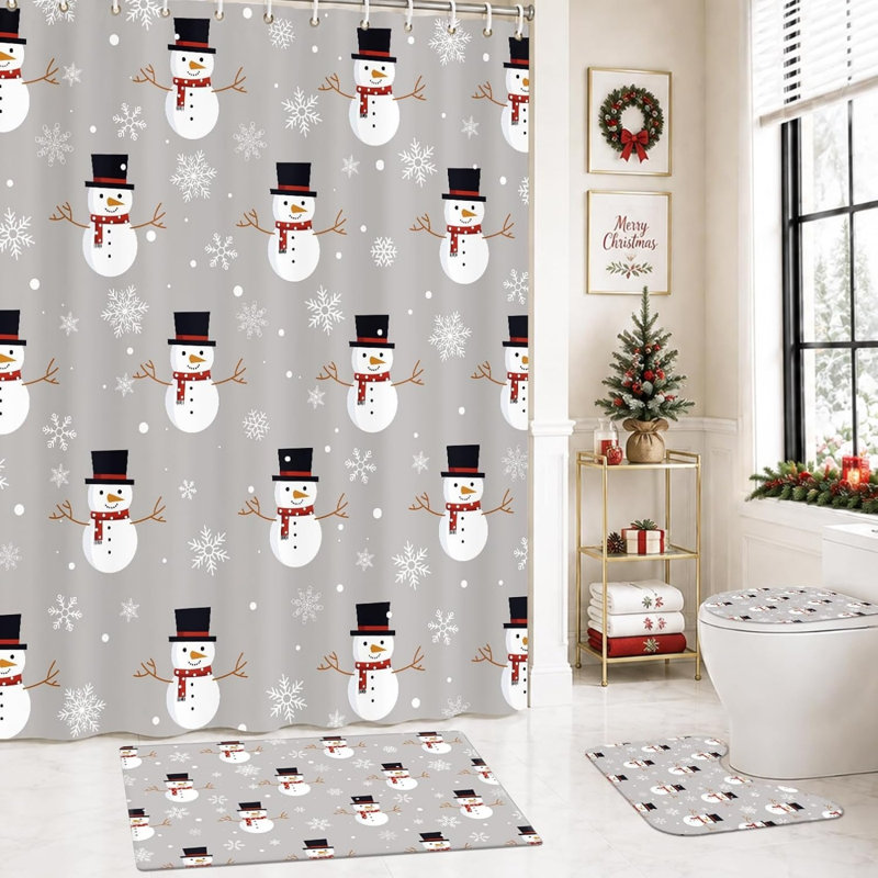 Ensemble de rideau de douche et tapis 4 pièces Snowman