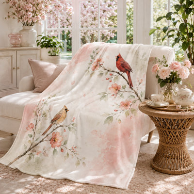 Blush Watercolor Cardinal Throw Blanket, Red Bird Pair on Floral Branches with Soft Pink Wash, Flannel Layer for Sofa, Bedroom and Peaceful Decor, 60 x 80 in
