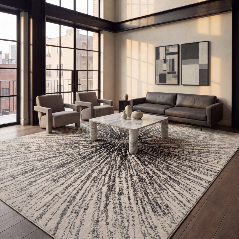 Tapis noir et ivoire à motif abstrait, Rectangle de 10 pi x 14 pi