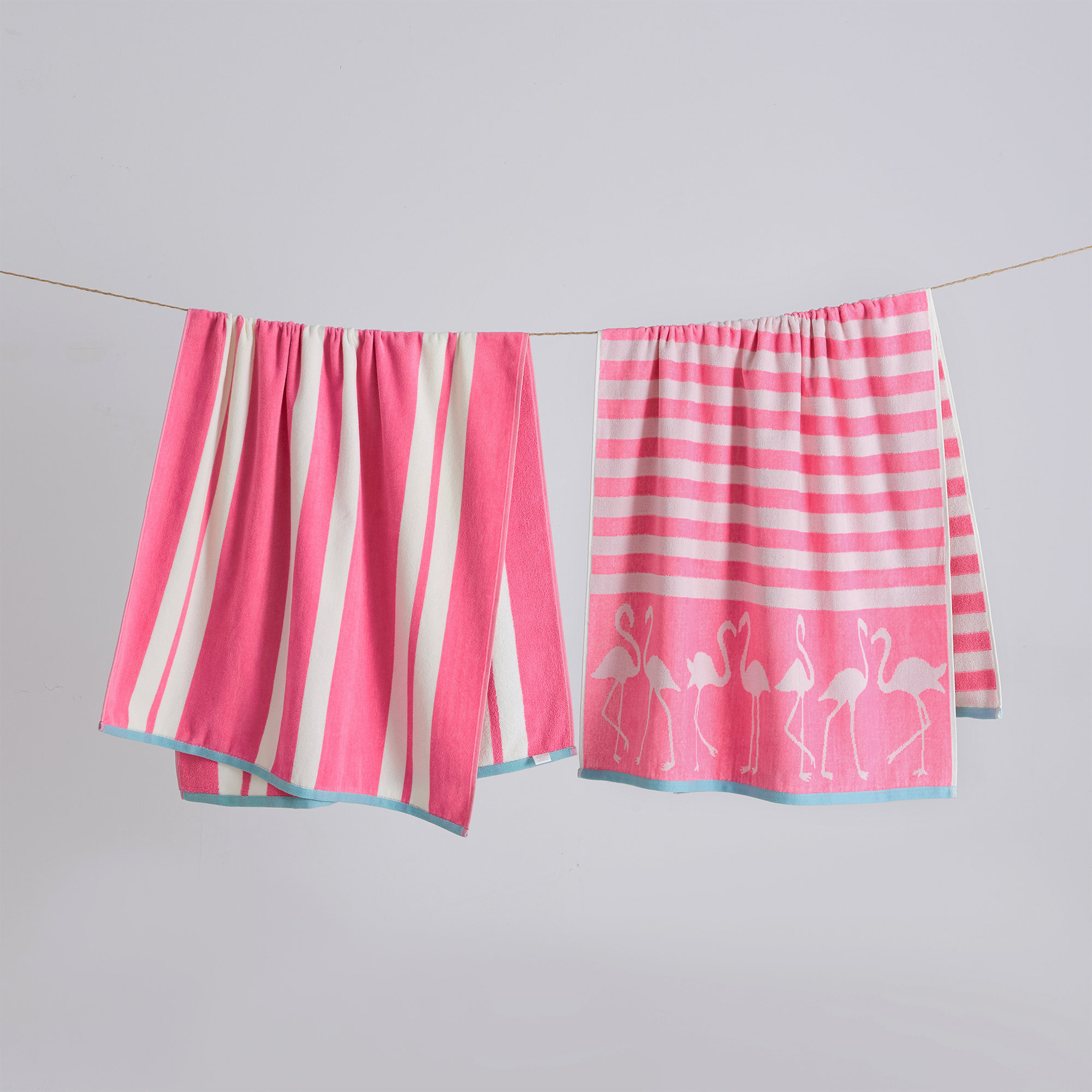 100% Cotton Jacquard Printed 2 Pack Beach Towels, Pink/White Flamingo & Stripe