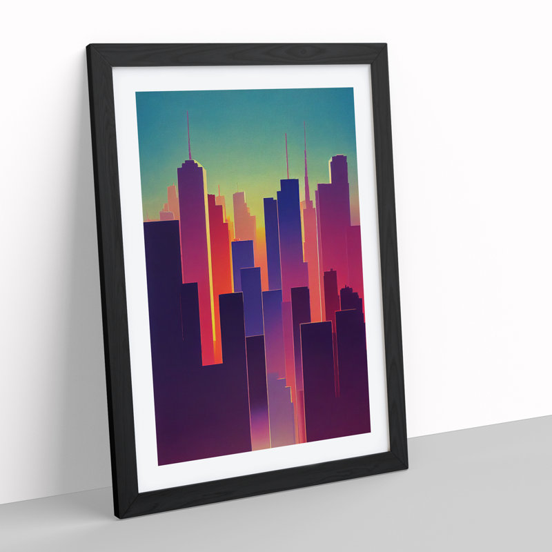 Bright City Skyline - Print, 66cm H x 48cm W x 2cm D, Black Framed, White