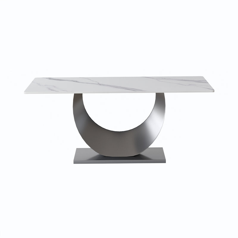 Kentrez Stone Top Metal Base Dining Table, 35.4" W x 70.87" L, White