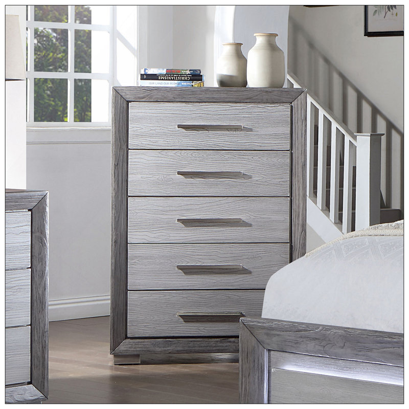 1pc Commode de style transitionnel, pieds en métal, glissières à billes, poignées de bar, finition grise