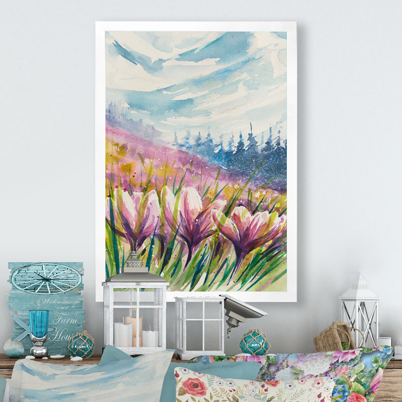 «Crocuses Meadow In Abstract Mountains», art mural traditionnel sur toile, Toile avec cadre blanc, H 12 po x l 8 po x P 1 po