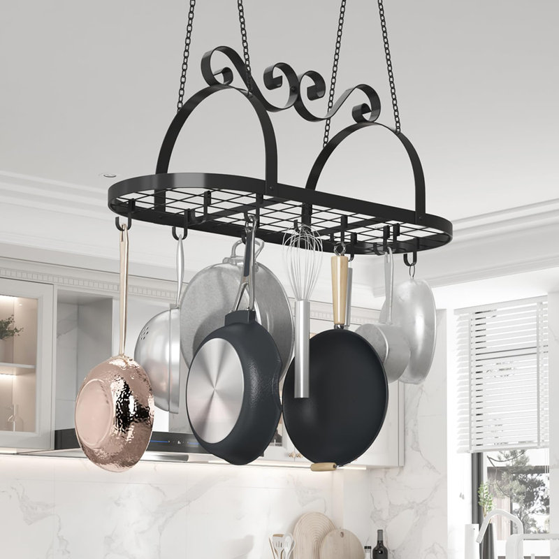 33" Pots And Pans Hanging Rack, Oval Ceiling Pot Rack With Grid, Heavy-Duty Metal Pan Rack Hanging Organizer With Hooks, Hanging Pot Rack Ceiling Mount