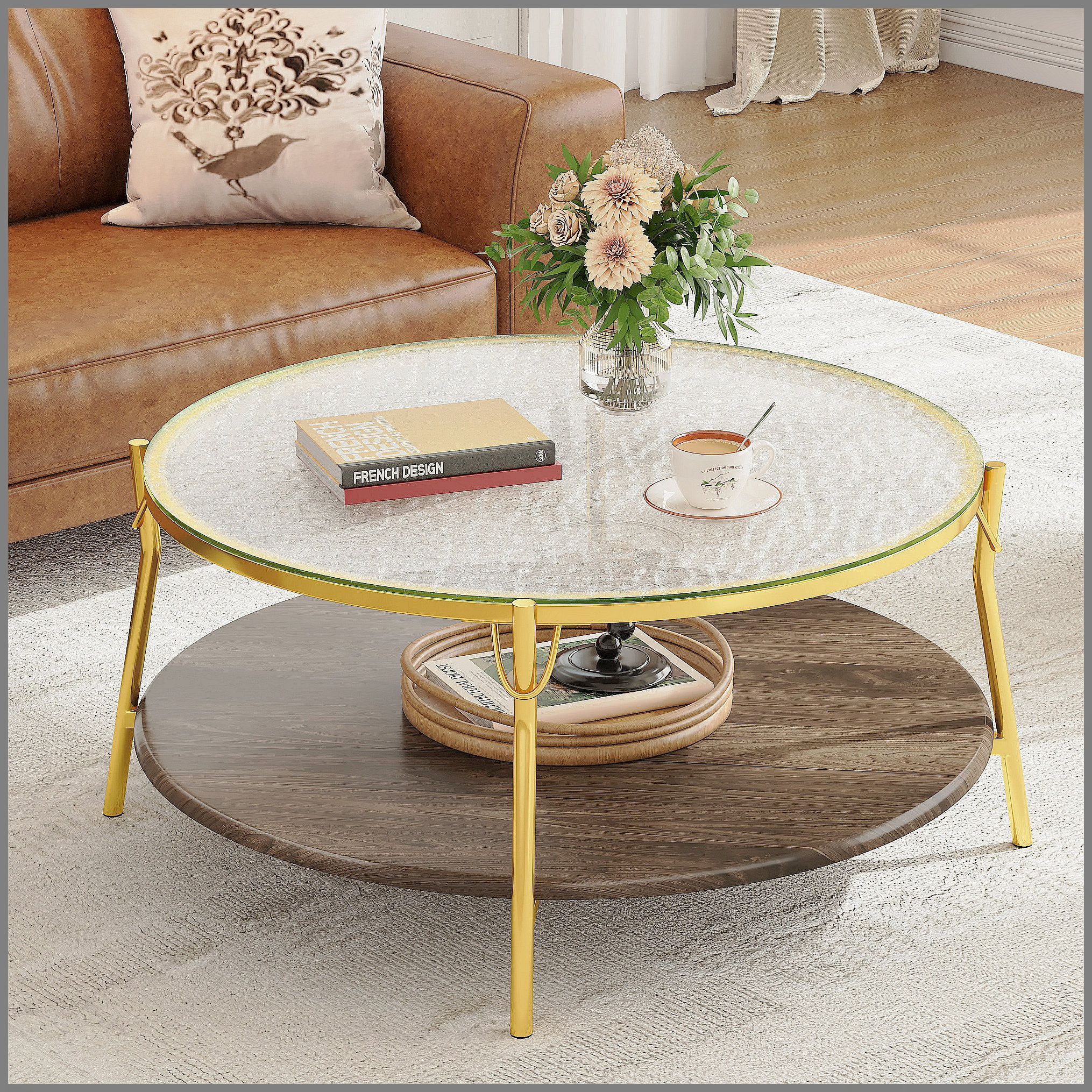 Latitude Run® Modern Round Walnut 2-Tiered Coffee Table with Glass Top ...