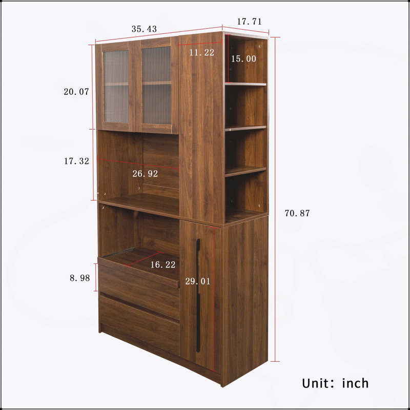 Armoire de cuisine de 70,87 pouces de hauteur avec tablettes coulissantes multifonctionnelles, tablette latérale à 4 niveaux, 2 tiroirs, porte en verre et support à micro-ondes pour la salle à manger
